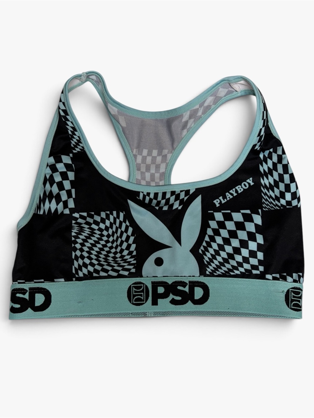 PSD Black & Teal Checkerboard Playboy Racerback Sports Bra